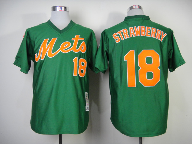 Men New York Mets #18 Strawberry Green Throwback 1985 MLB Jerseys